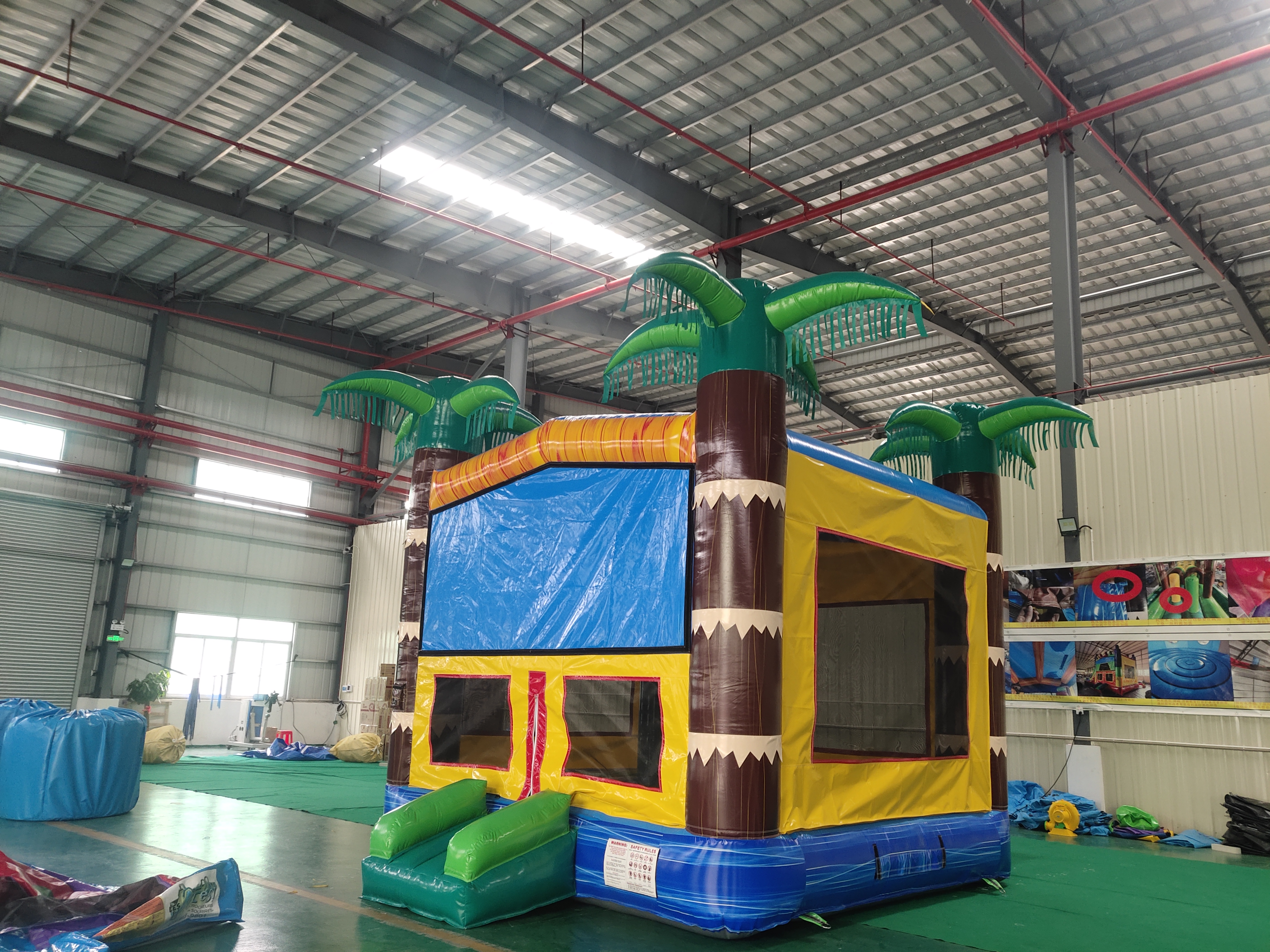 In-Stock Blue Palm Tree Inflatable Bounce Bed - Heavy Duty for Poolside Parties & Beach Resort Rentals