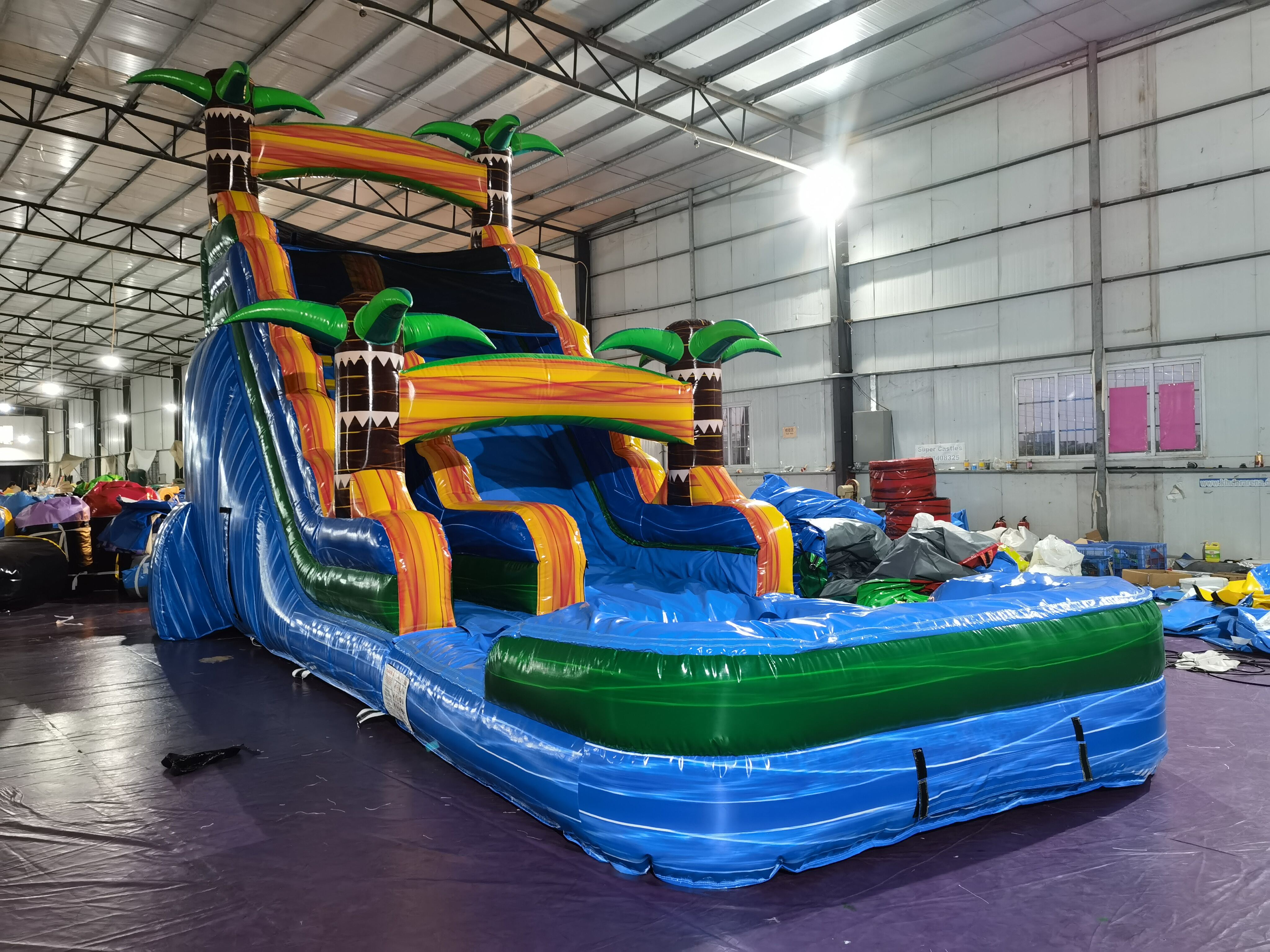 In-Stock Iridescent Blue Inflatable Water Slide - Tropical Palm Decor Outdoor Toy for Kids’ Pool Party Backyard