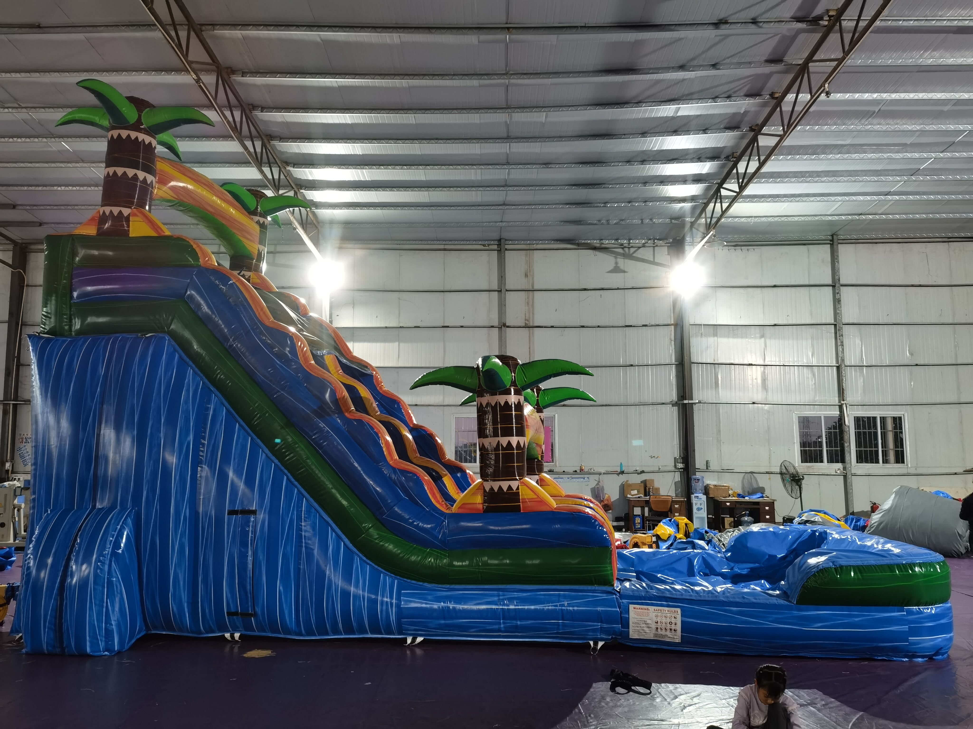 In-Stock Iridescent Blue Inflatable Water Slide - Tropical Palm Decor Outdoor Toy for Kids’ Pool Party Backyard