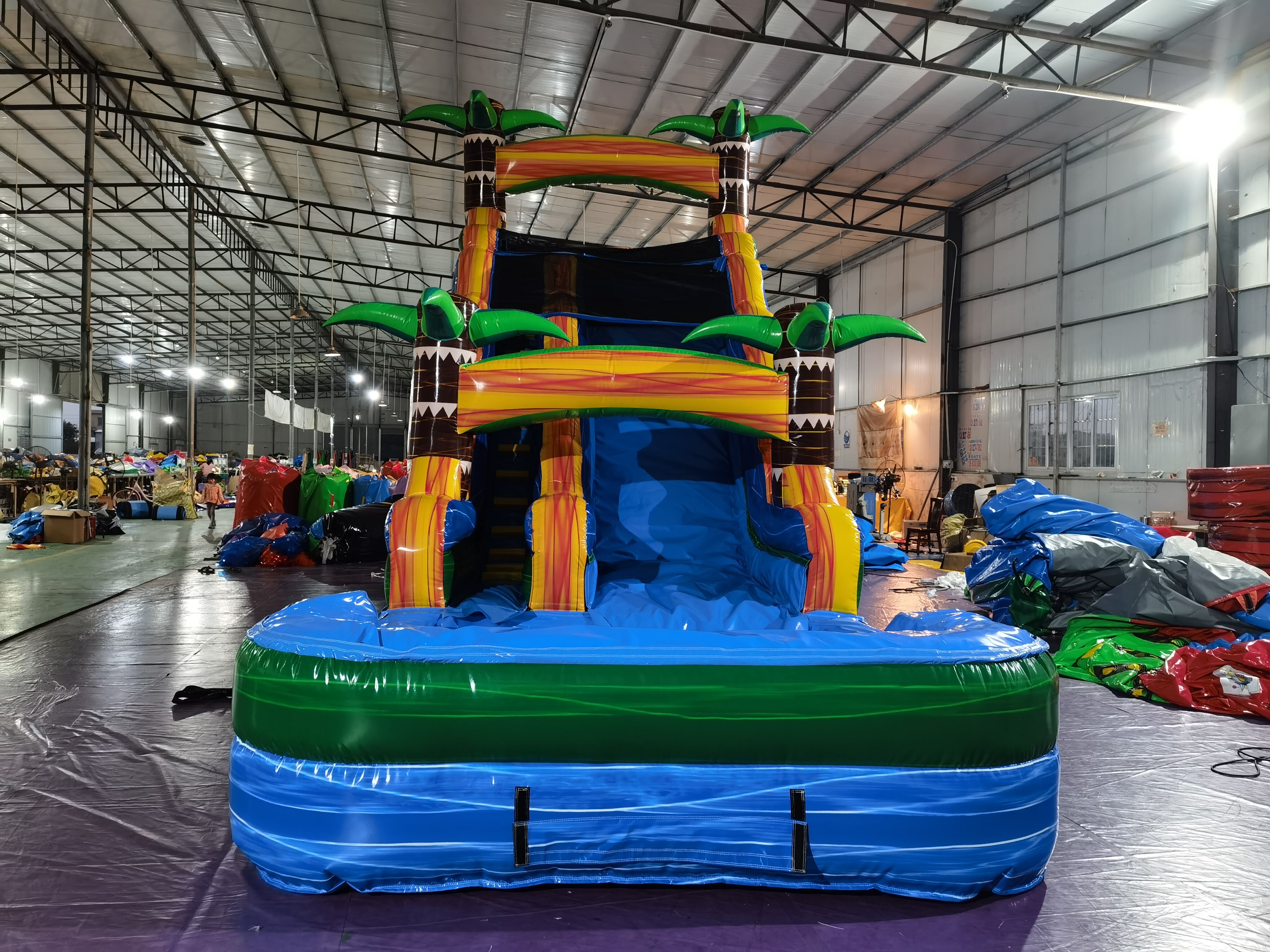 In-Stock Iridescent Blue Inflatable Water Slide - Tropical Palm Decor Outdoor Toy for Kids’ Pool Party Backyard