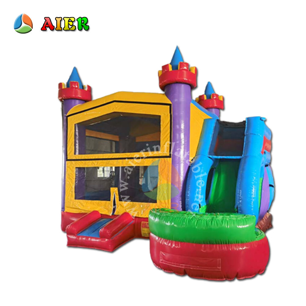 Barvita suho-vlažna kombinirana napihljiva skokovna hiša s toboganom in bazenom za poletno igro v zatrepju