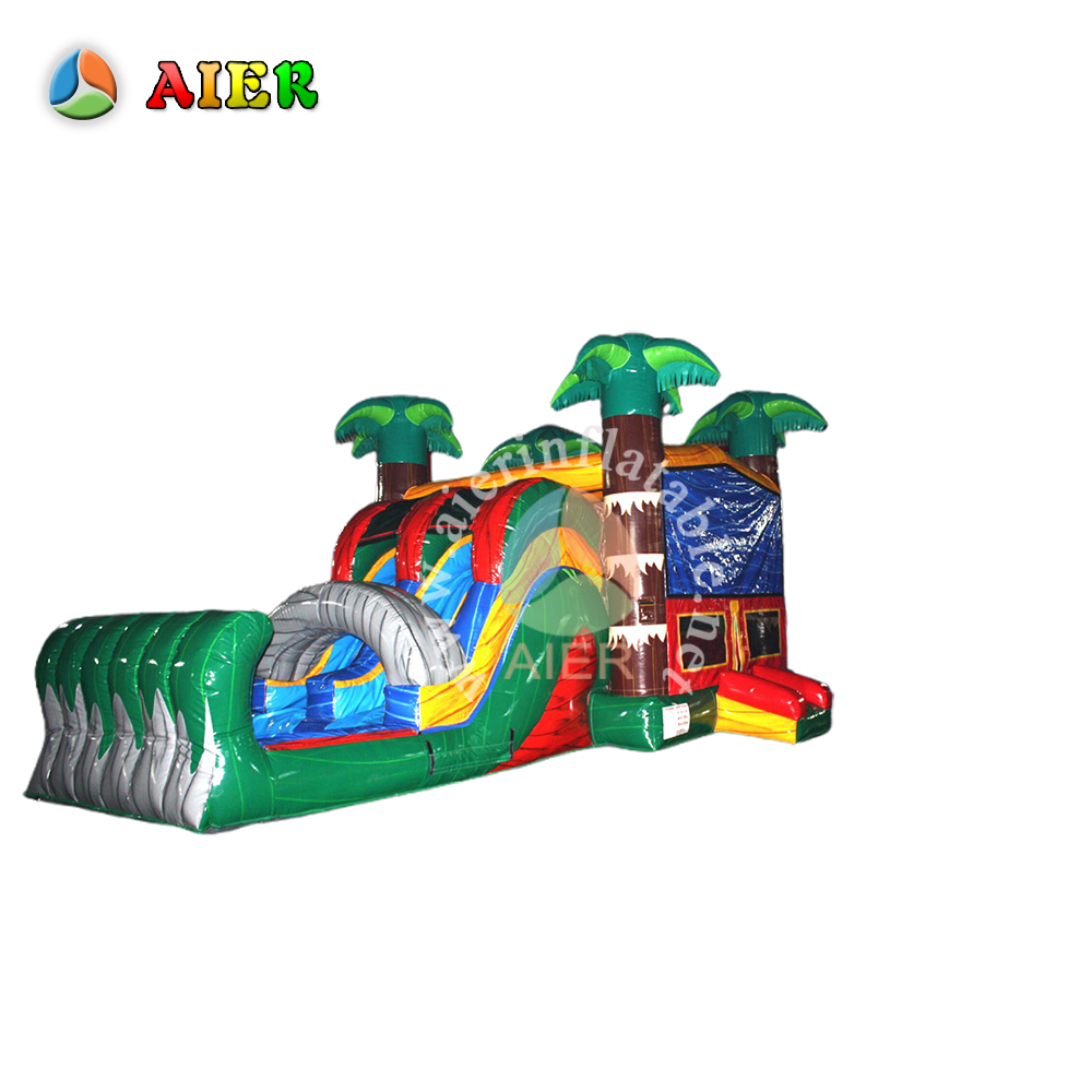 Palm Tree Trunk Combo Inflatable Bounce Bed - Backyard Tropical Play Center with Slide & Pool for Kids Summer Party
