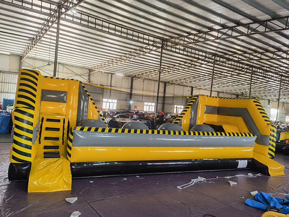 Fun Competitive Yellow-Black Caution Inflatable Run & Ball Obstacle Game