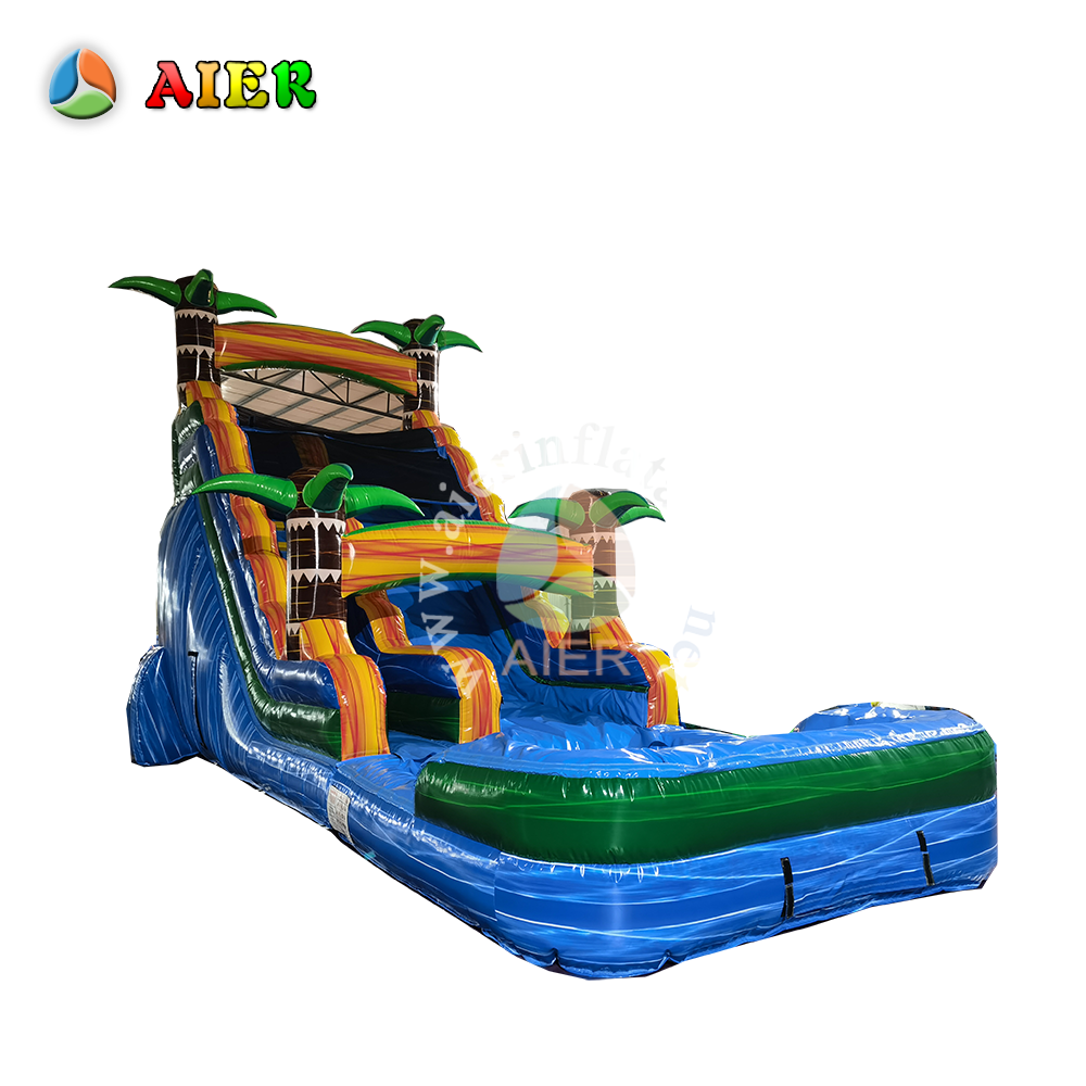 In-Stock Iridescent Blue Inflatable Water Slide - Tropical Palm Decor Outdoor Toy for Kids’ Pool Party Backyard