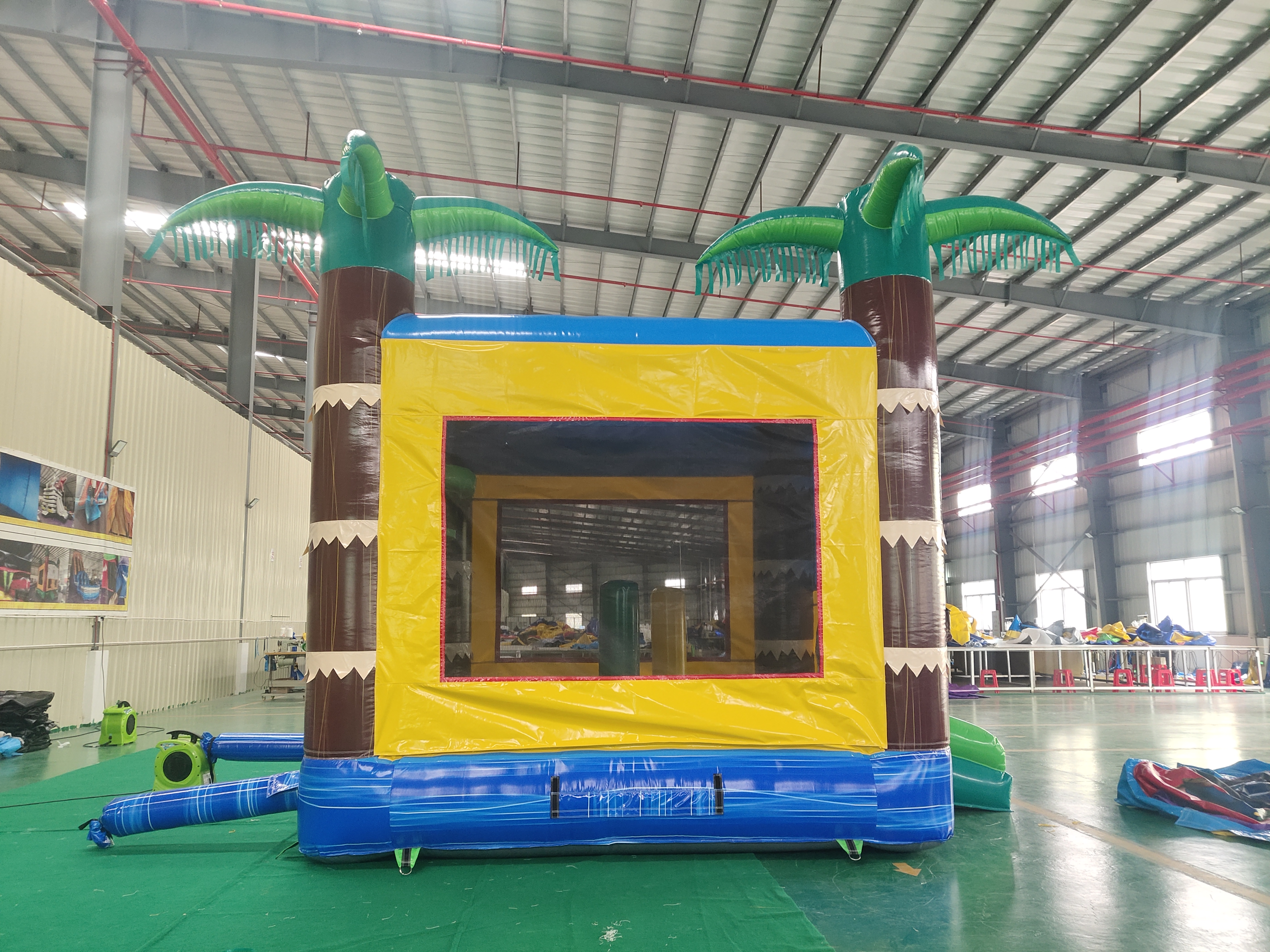 In-Stock Blue Palm Tree Inflatable Bounce Bed - Heavy Duty for Poolside Parties & Beach Resort Rentals