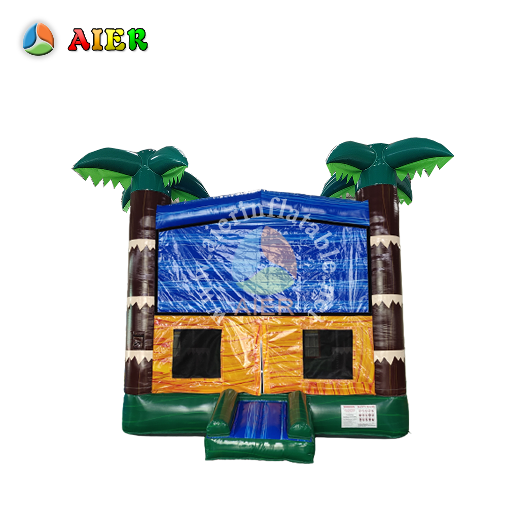 In-Stock Iridescent Green Palm Print Inflatable Bounce Bed - Heavy Duty for Hotel Poolside & Beach Club Events