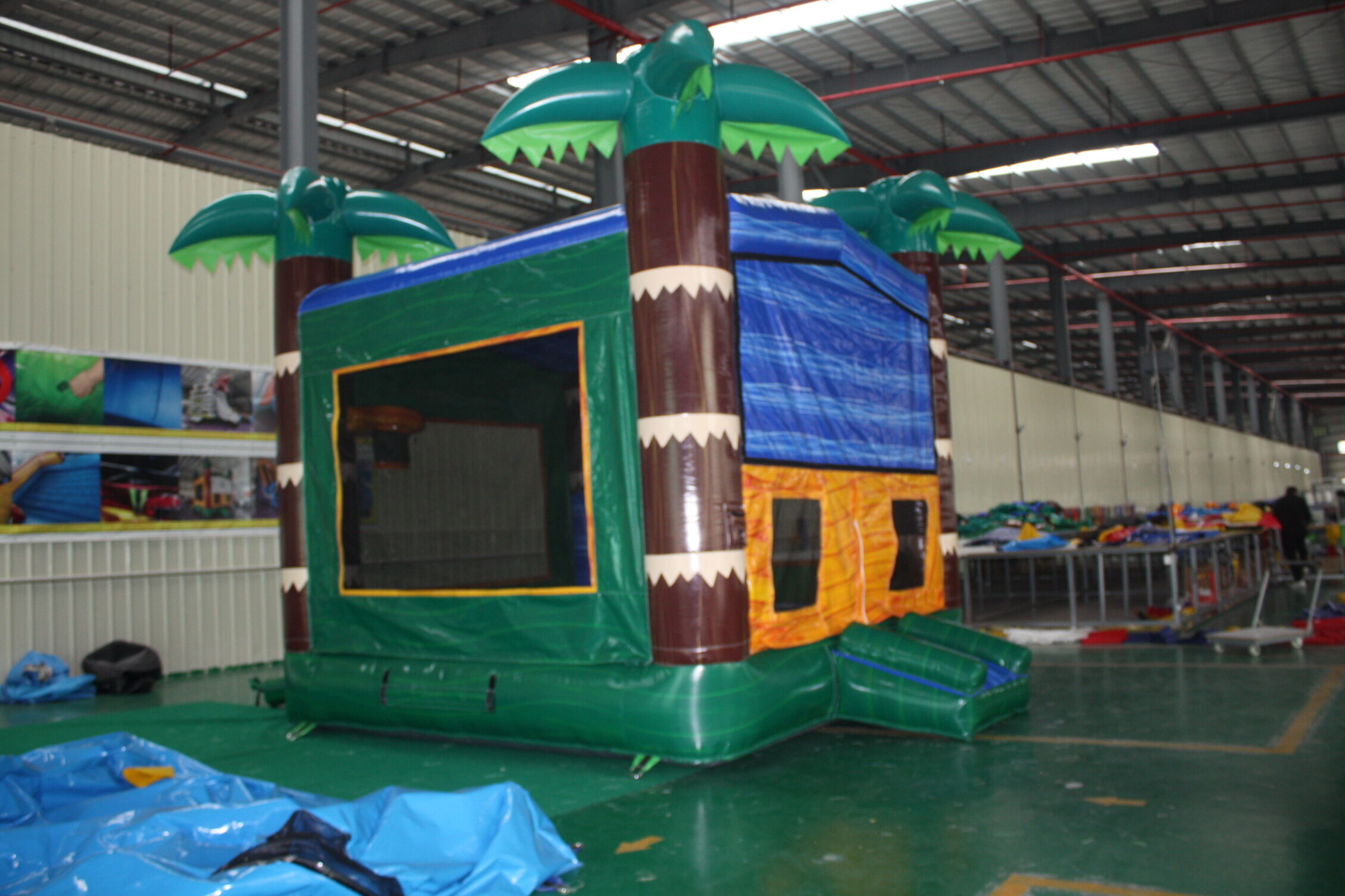 In-Stock Iridescent Green Palm Print Inflatable Bounce Bed - Heavy Duty for Hotel Poolside & Beach Club Events