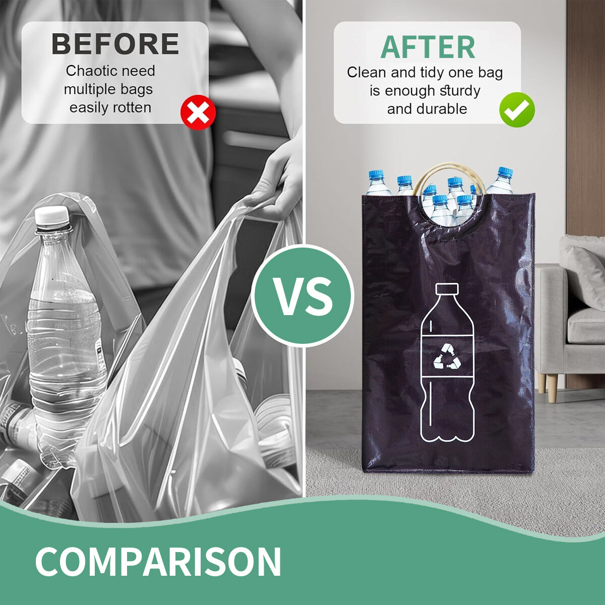 Waterproof Reusable Recycling Classification Plastic Bottle Organizer Collapsible Eco PP Woven Recycling Handles Bag