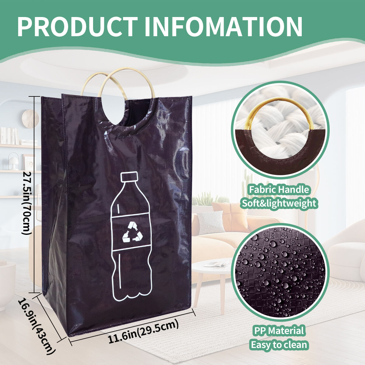 Waterproof Reusable Recycling Classification Plastic Bottle Organizer Collapsible Eco PP Woven Recycling Handles Bag