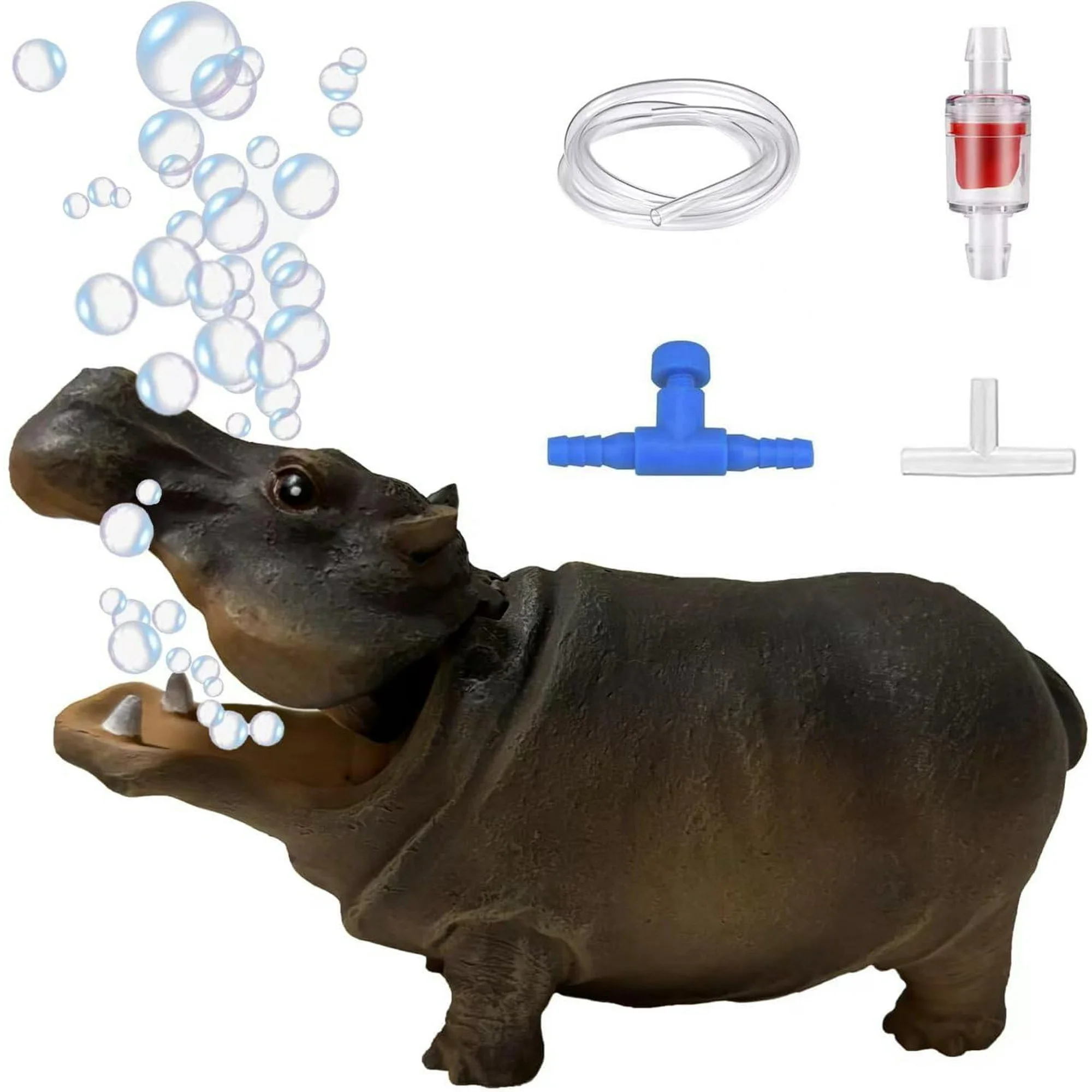 Aquarium Decorations, Fish Tank Bubbler Decorations Aquarium Ornament Kit with Air Stone Pump - Hippo Aquarium Decor (6.56ft Tube)