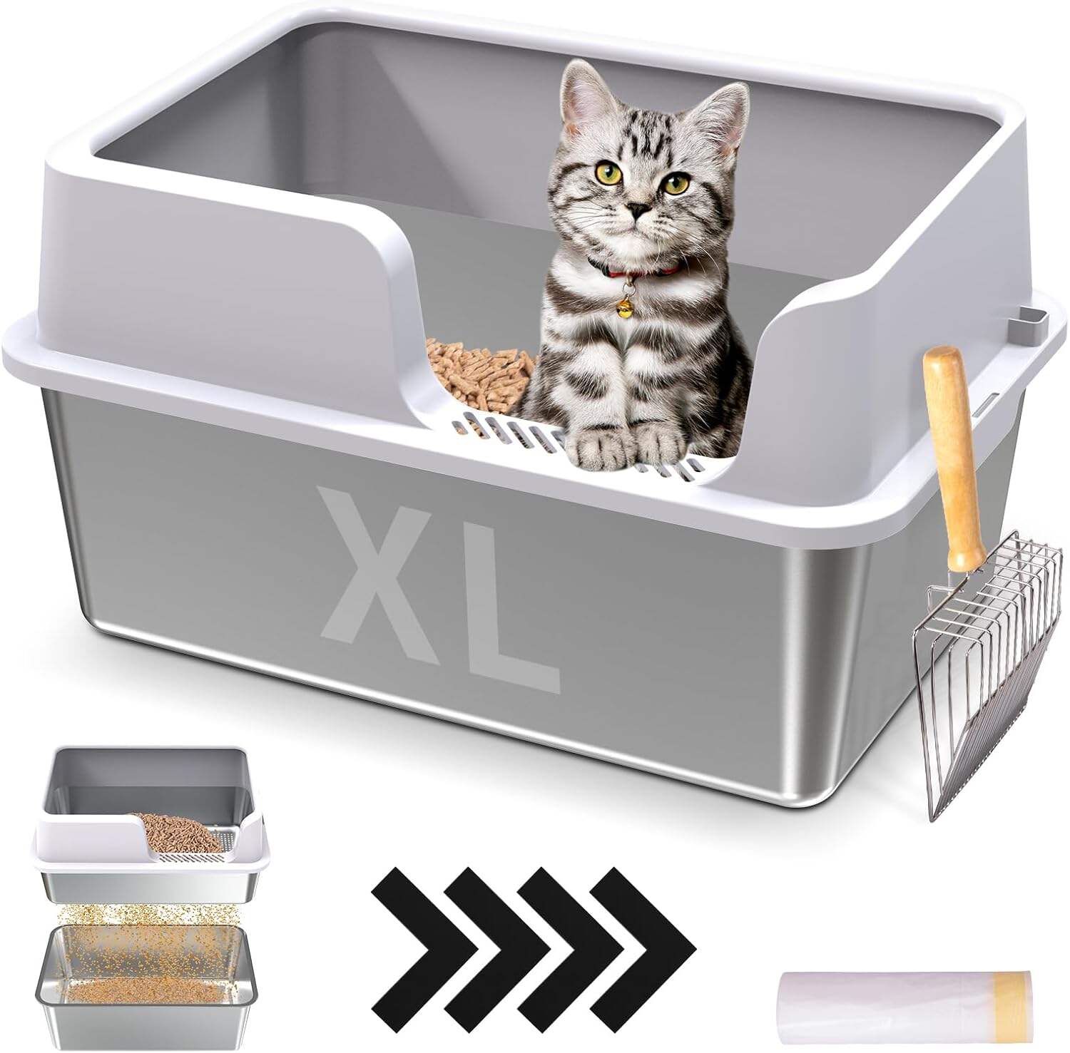 XL Stainless Steel Sifting Cat Litter Box with Sifting Box & Bottom Pan, Sifting Cat Litter Pan High Side, No Mess, Nnti-Odor, Easy to Clean, Metal Cat Litter Box with 1 Metal Scooper & 10 Liners
