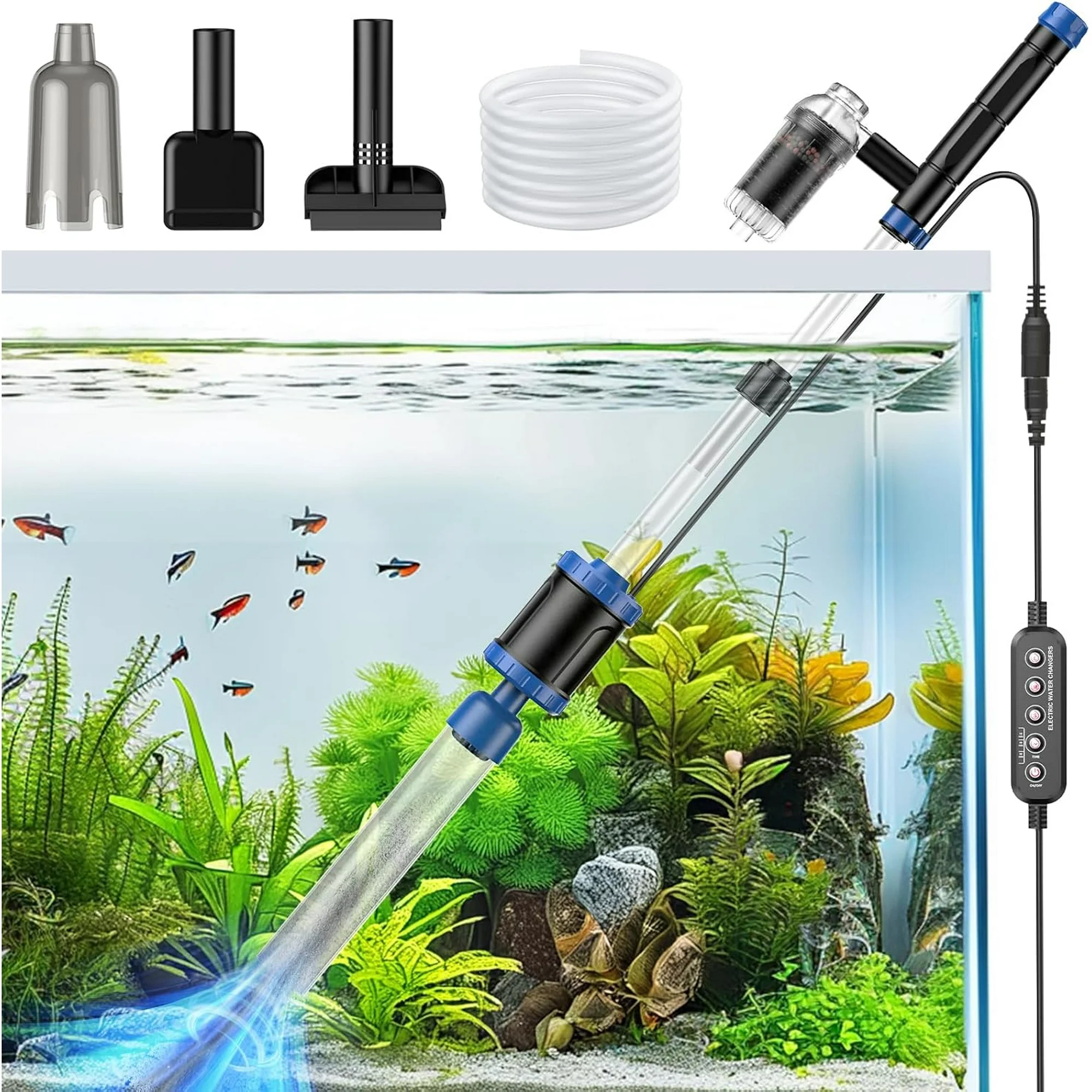 Electric Aquarium Vacuum Gravel Cleaner, 48W Fish Tank Cleaner Vacuum with Strong Suction for Water Change Wash Sand Algae Cleaner Water Shower and Water Circulation, Timed Off
