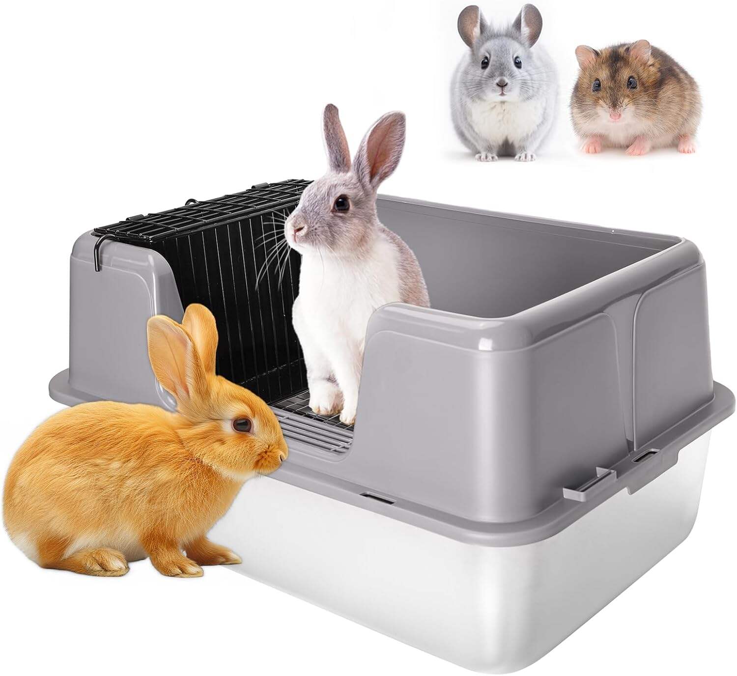 Rabbit Litter Box, XL Stainless Steel Rabbit Litter Box with Lid, Hay Feeder with Hooks, Footed Metal Grid, Easy to Clean for Hamster, Chinchilla, Ferret, Small Animals