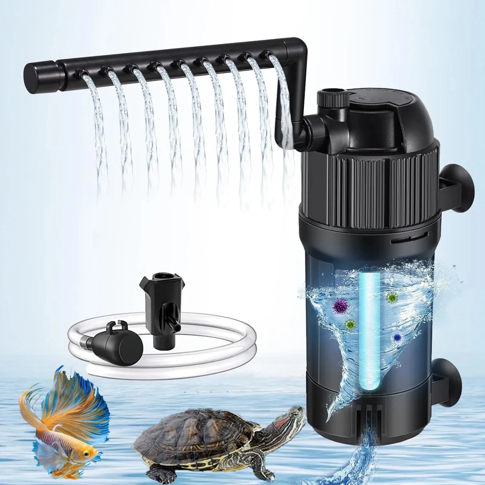 Aquarium Filter U-V Light 5 in 1 Fish Tank Filter, Taucken 105 GPH Green Water Cleaning Filter Pump with Timer, Dual Mode (Aeration/Rainfall) for 10-40 Gallon Aquariums (3W U-V 4W Pump)