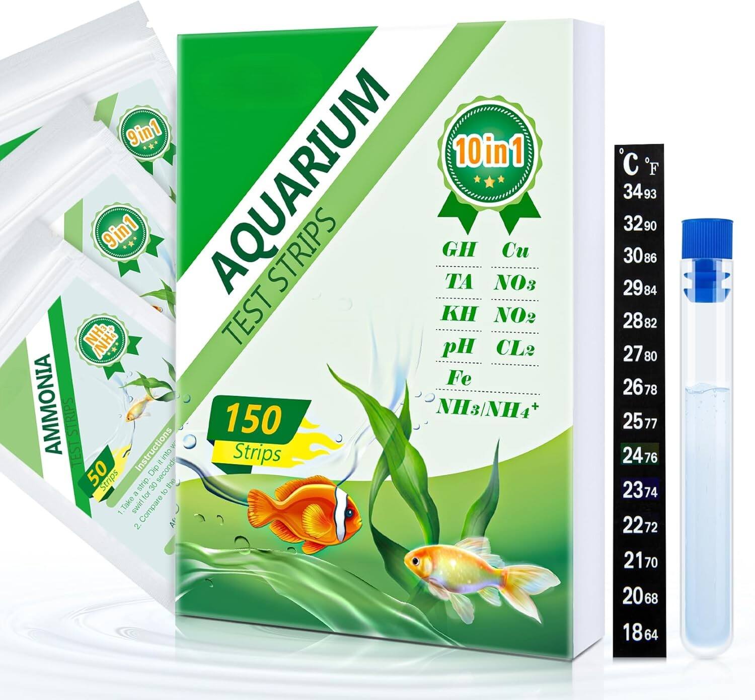 kit de Prueba para Acuario 10 en 1 de Amoníaco - Tiras de Prueba para Tanque de Peces - 150 Tiras con Tubo de Prueba y Termómetro - Prueba Rápida de Amoníaco y 9 Más para Acuario/Estanque/Piscina