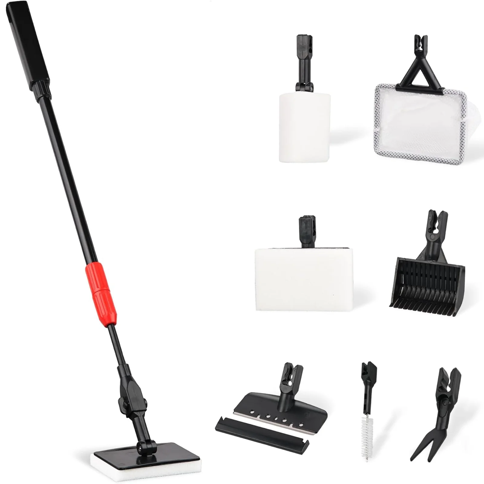 Aquarium Cleaning Tools 7 in 1, Fish Tank Cleaning Kit with Algae Scraper, Scrubber Pad, Adjustable Telescopic Long Handle, Fish Net, Gravel Rake, Fork & Brush for Fish Tank