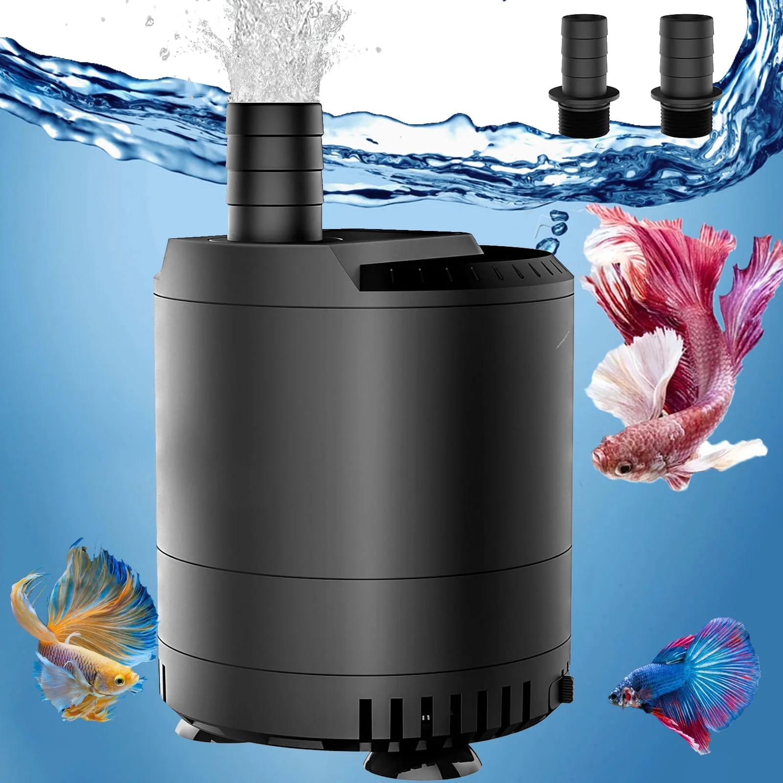 Submersible Aquarium Water Pump, 6-60W Ultra Quiet Water Fountain Pump with 2 Nozzles Adjustable Waterflow for Aquarium, Fish Tank, Pond, Hydroponics, Statuary Black
