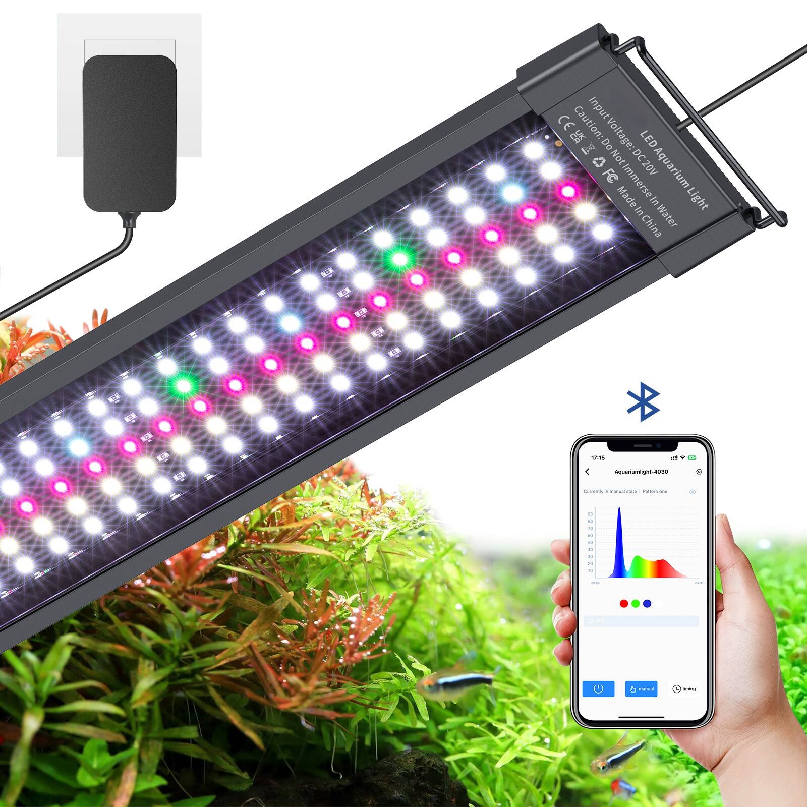 Bluetooth LED Akvarielampa med APP-kontroll, 3 Lägen för 12-18 Tum Fisktanklampa med Fullspektrum Vit Blå Röd Grön Belysning, IP68 Vattentät med Utbyggbara Konsoler för Söt vatten