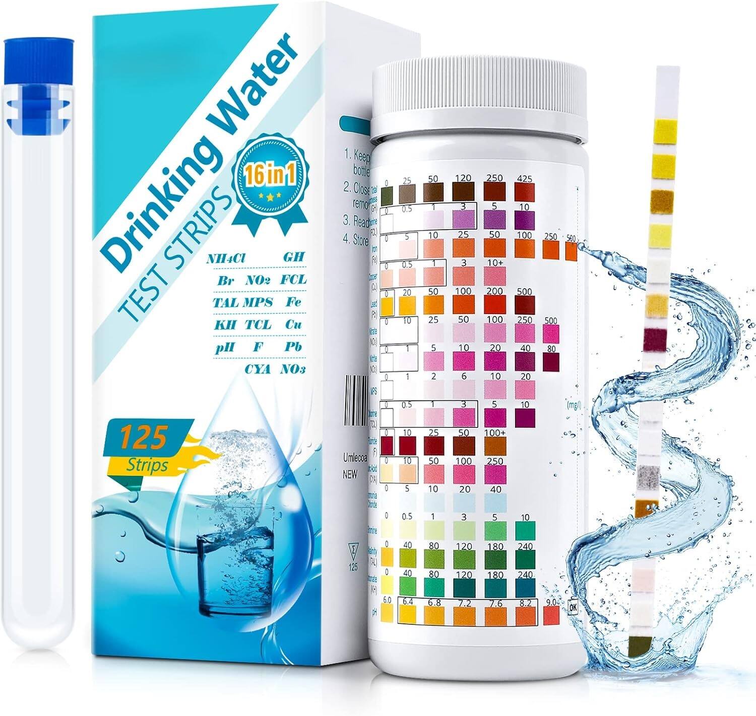 kit de Prueba Premium de Agua 16 en 1 - 125 Tiras de Prueba para Calidad del Agua en Pozos y Grifos - Pruebas para pH, Dureza, Cloro, Plomo, Hierro, Cobre, Nitrato, Nitrito, etc