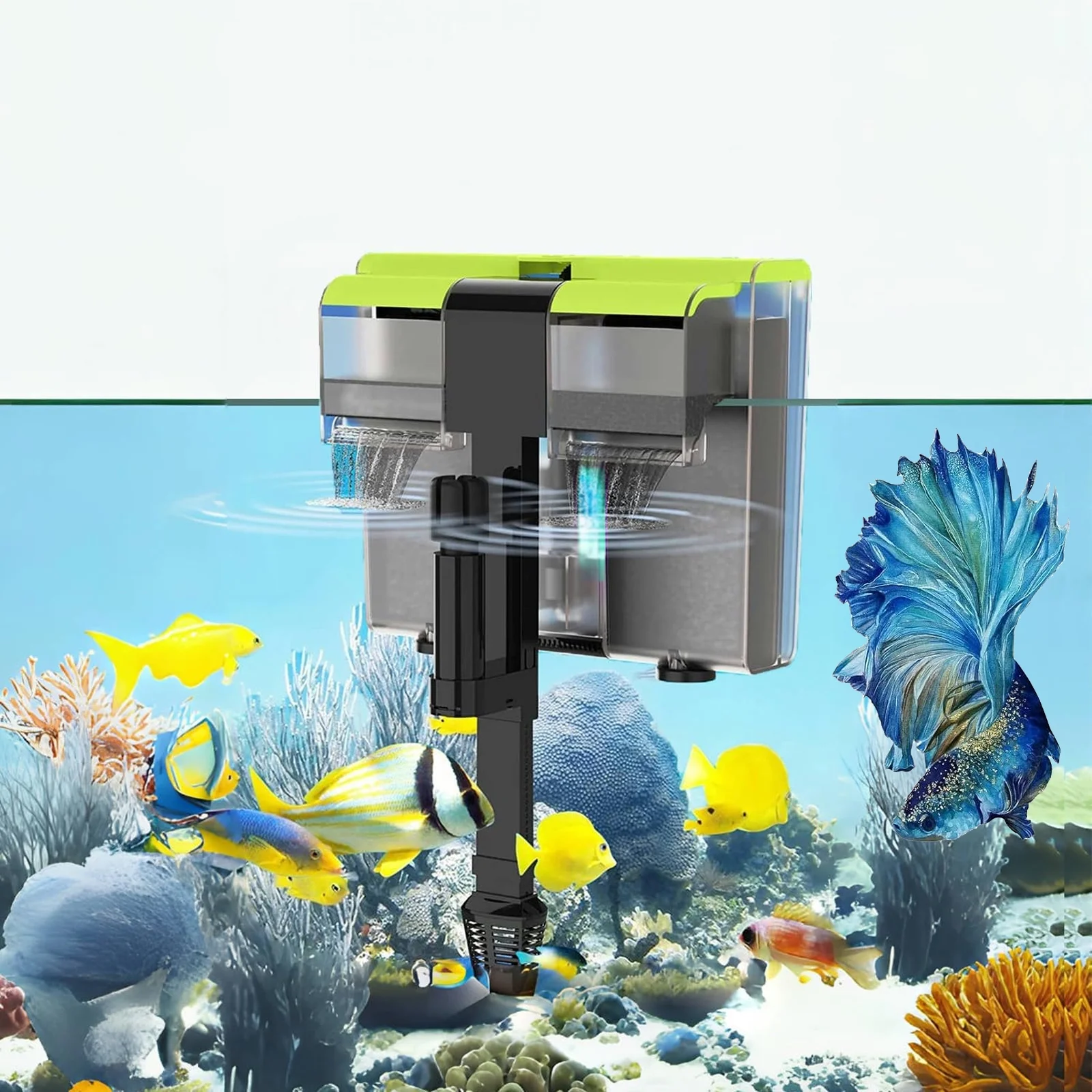 Aquarium Filter U-V Light 3 in 1 Fish Tank Filter, Taucken 215 GPH Green Water Cleaning Filter Pump, Double Waterfall 8W Quiet Hang on Filter for 30-60 Gallon Aquariums Saltwater Freshwater