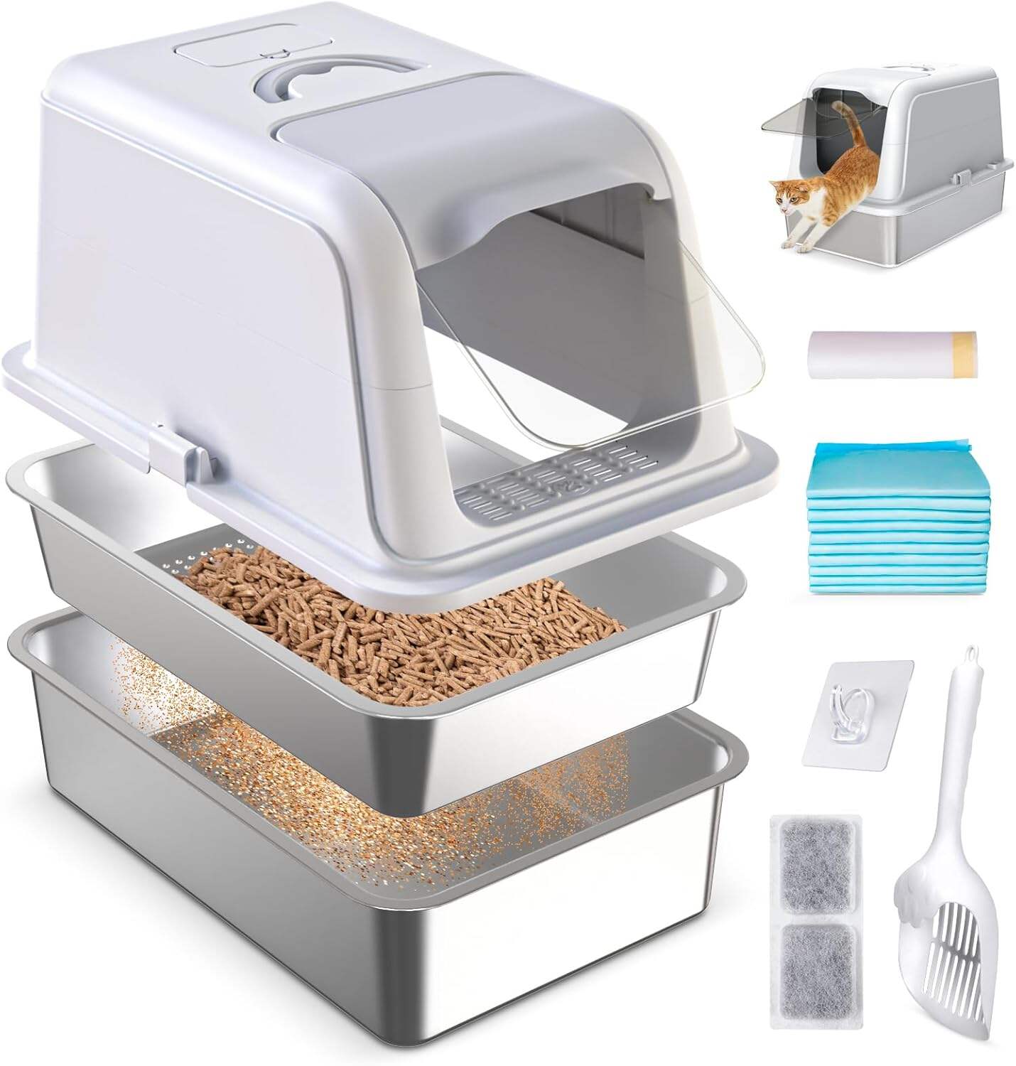 Stainless Steel Sifting Cat Litter Box with Lid, XL Fully Enclosed Multi-Purpose Metal Sifting Litter Box for Big Cats, Anti-Leakage, Easy Clean, Include Scoop, Liner, Pee Pad, Carbon Filter and Hook
