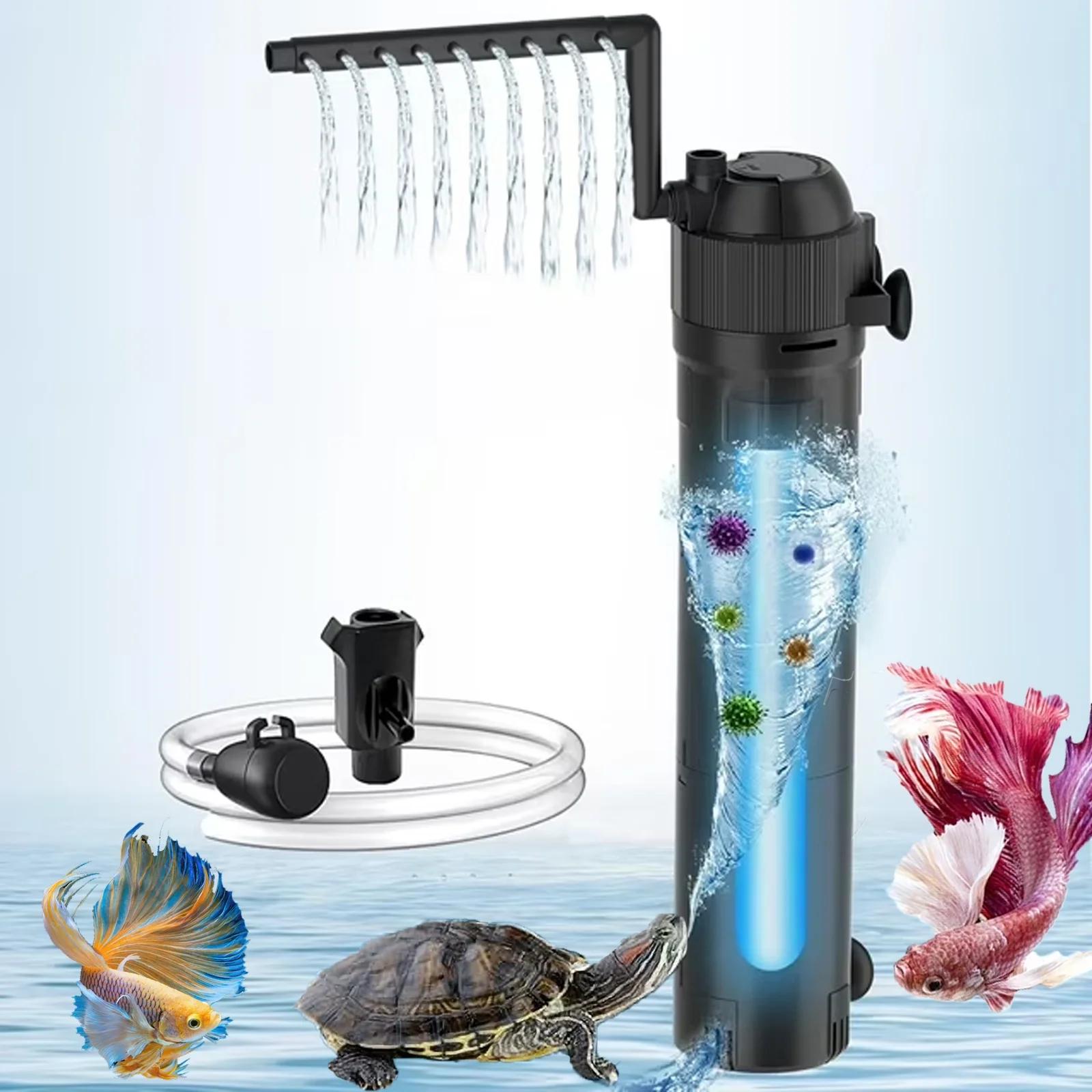 Aquarium Filter U-V Light 5 in 1 Fish Tank Filter, Taucken 210 GPH Green Water Cleaning Filter Pump with Timer, Dual Mode (Aeration/Rainfall) for 40-200 Gallon Aquariums (10W U-V+8W Pump)