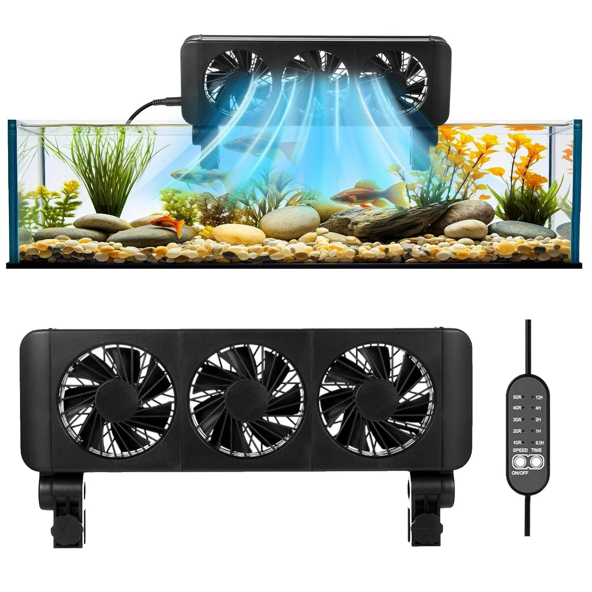 Aquarium Chillers Fan, Quiet Fish Tank Cooling Fan Equipment with Adjustable Timer Speed Controller, Suitable for Freshwater Saltwater Tanks(3-Fan Head)