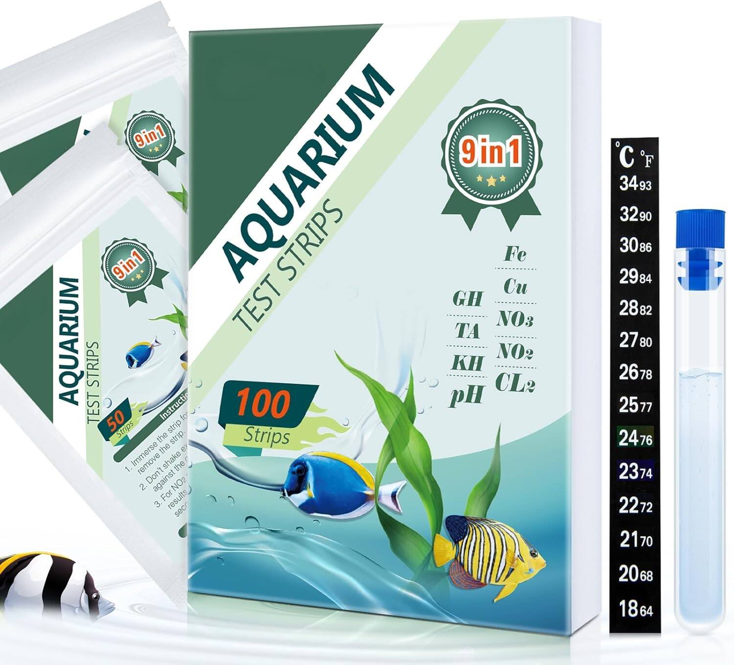 kit de Pruebas para Acuario 9 en 1 para Agua Dulce y Salada - 100 Tiras Reactivas para Acuario con Tubo de Ensayo y Termómetro - Tiras de Prueba Rápidas y Precisas para Acuario/Estanque/Piscina