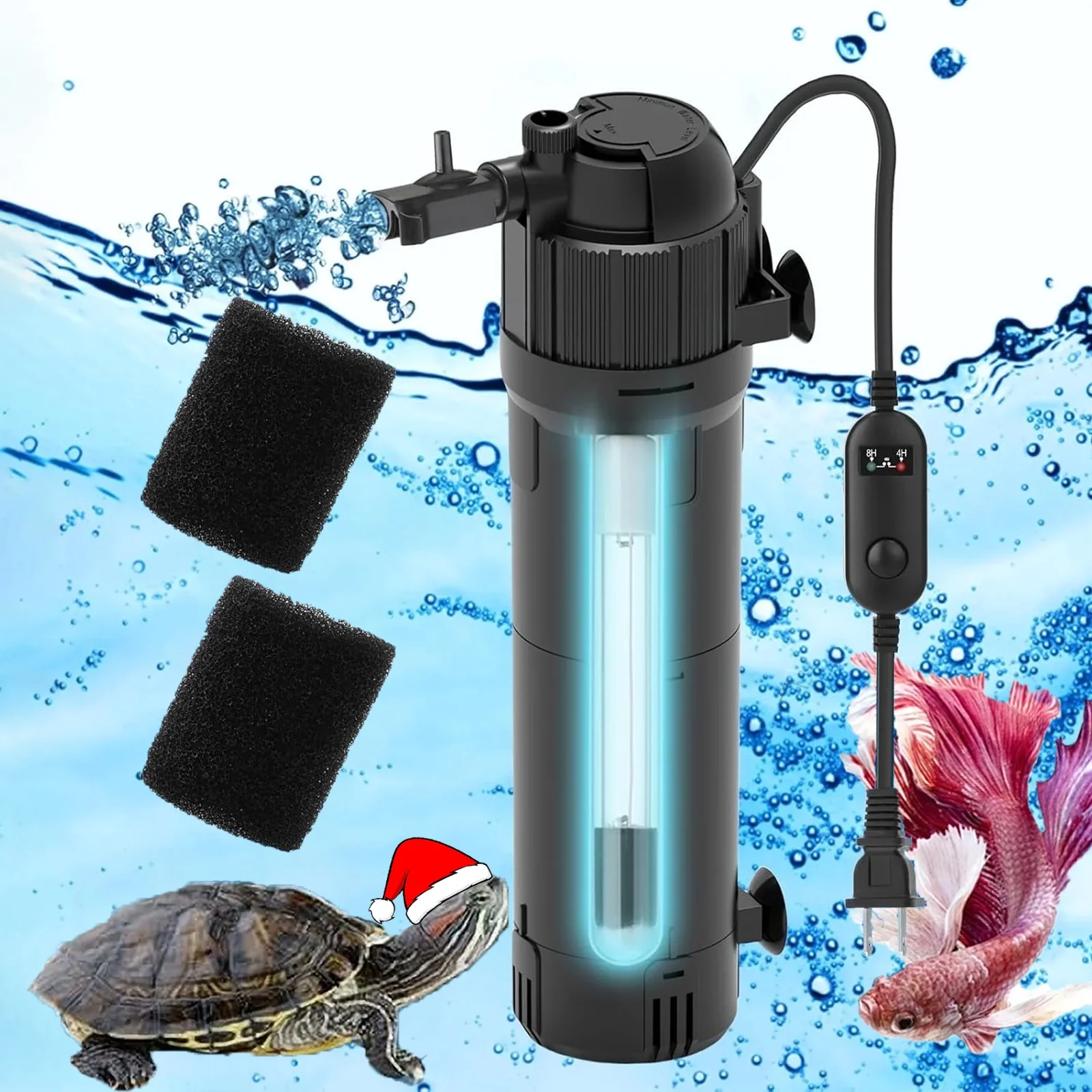 Aquarium Filter U-V Light 5 in 1 Fish Tank Filter, Taucken 170 GPH Green Water Cleaning Filter Pump with Timer, Dual Mode (Aeration/Rainfall) for 40-170 Gallon Aquariums (8W U-V+6W Pump)