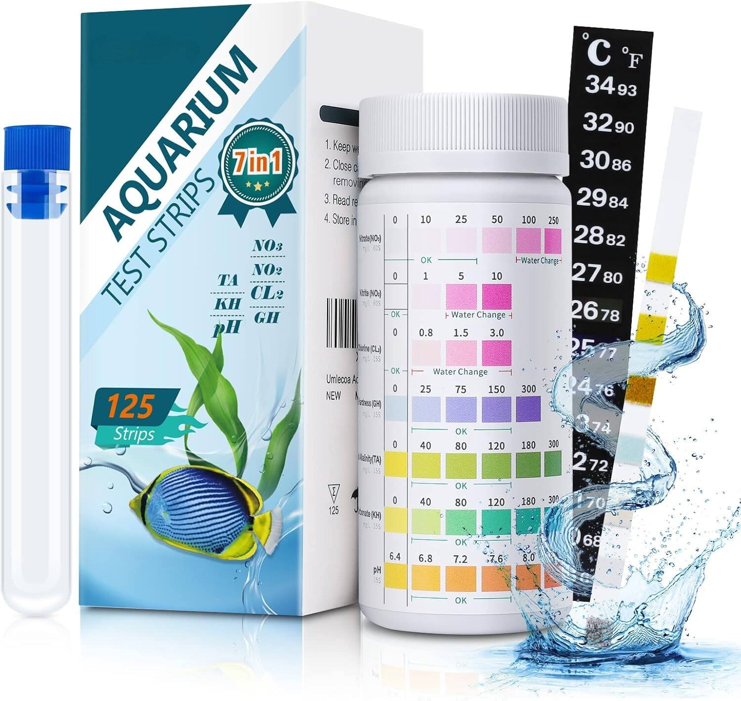 kit de Pruebas para Acuario 7 en 1 para Agua Dulce y Salada - 125 Tiras Reactivas para Acuario con Tubo de Ensayo y Termómetro - Tiras de Prueba Rápidas y Precisas para Acuario/Estanque/Piscina