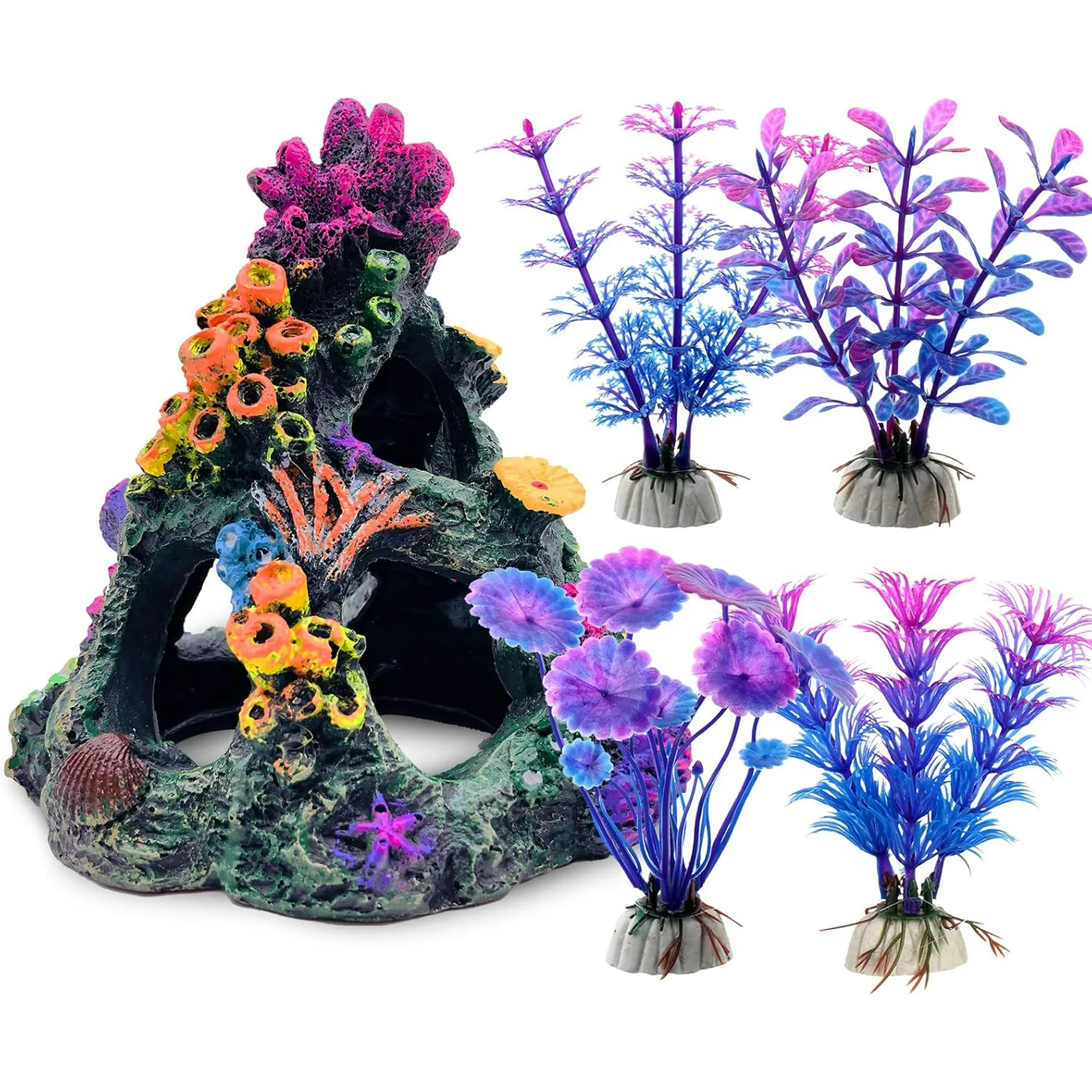 Aquarium Colorful Coral Reef Set Fish Tank Decoration Mountain Ornament for Aquarium Environments Decor Accessories, Coral Mountain x 1, Aquatic Plant x 4
