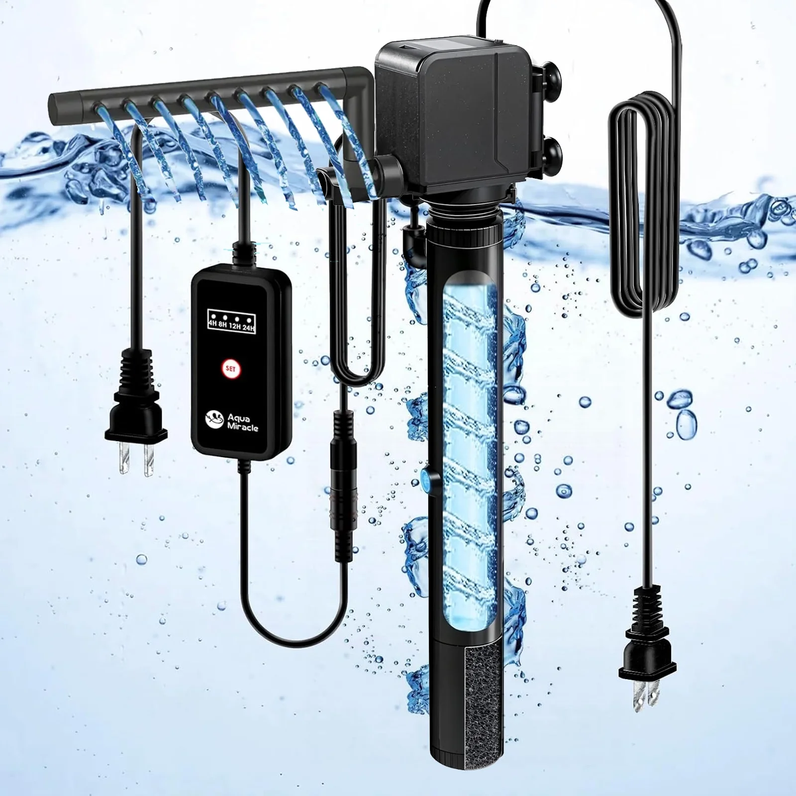 Taucken 130GPH Aquarium U-V Filter Pump for Green Water, Fish Tank U-V Filter with Timer(4/8/12/24 Hours), Aquarium Powerhead Water Pump with 6W U-V Light, for 10-40 Gallon Tanks