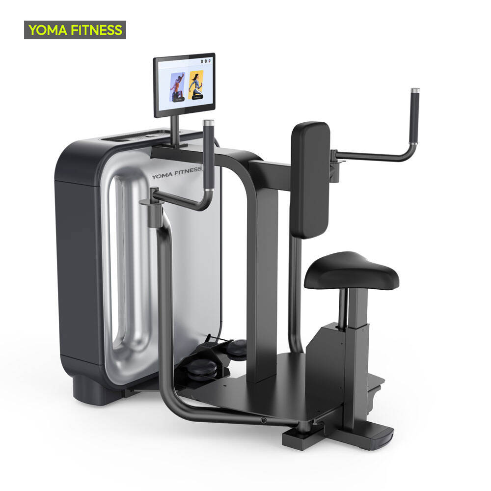 Máquina de entrenamiento de fuerza digital inteligente con IA para ejercicios de elevación del deltoides posterior.