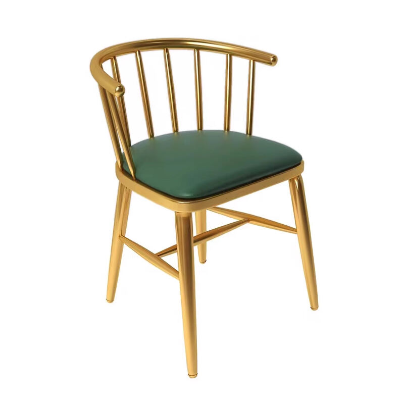 Modern Gold Metal Dining Chair with Green PU Seat – Curved Back Café Chair