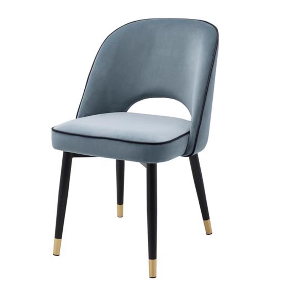 Italian Velvet Dining Chair – Grey Upholstery with Gold-Tipped Metal Legs