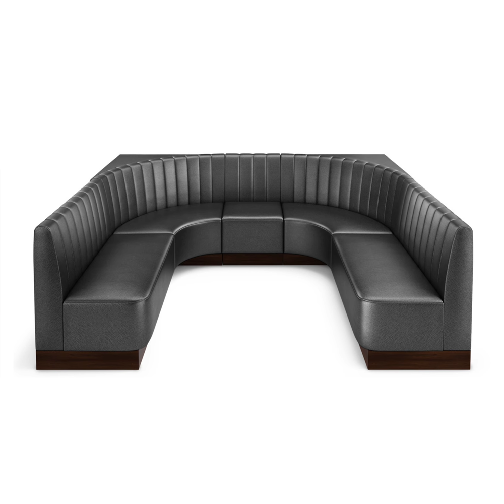 U-Shaped Black Leather Dining Booth – Vertical Channel Backrest Seating