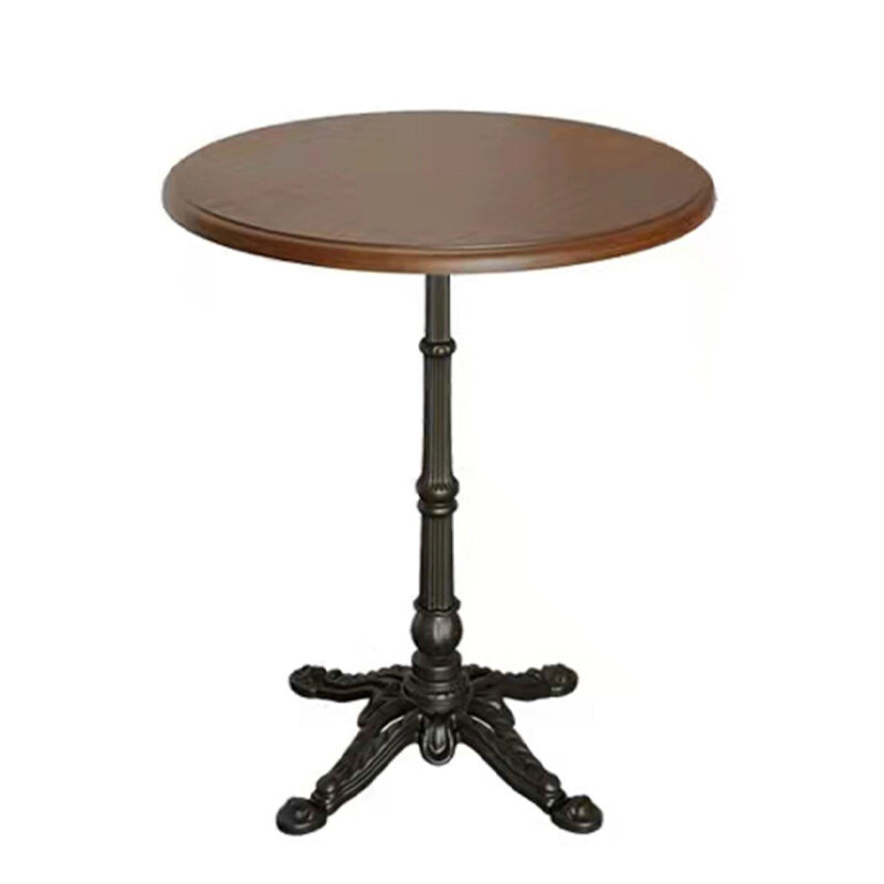 Retro Cast Iron Base Round Café Table – Wooden Top with Ornate Metal Base