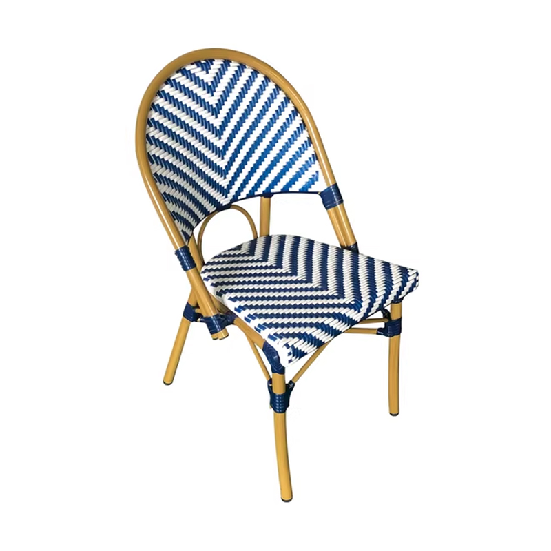 Bistro-Style Woven Rattan Dining Chair – Blue and White Zigzag Pattern with Bamboo Frame