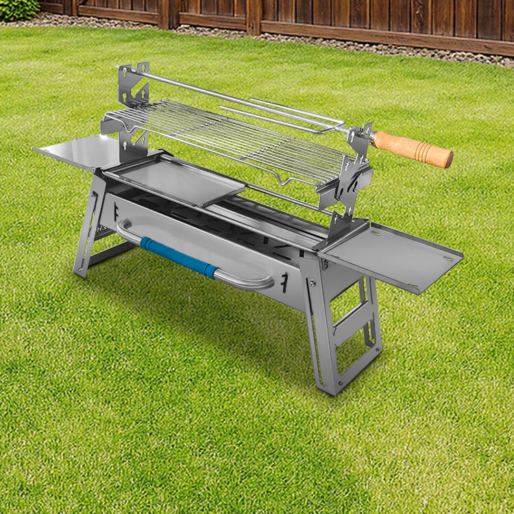 This portable outdoor BBQ grill features a stainless steel body and sliding locking legs that instantly transform into a carrying case. It comes complete with a frying pan and skewers. Customization is also available