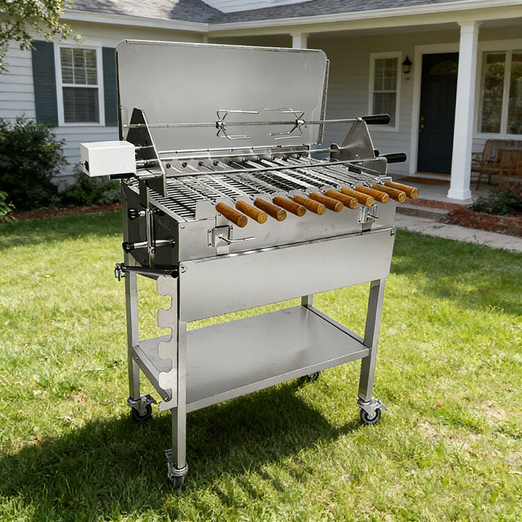 شواية قبرصية — شواية من الفولاذ المقاوم للصدأ مزودة بواقي من الرياح وعلب فحم قابلة للتعديل في الارتفاع، وشواية على الطراز القبرصي