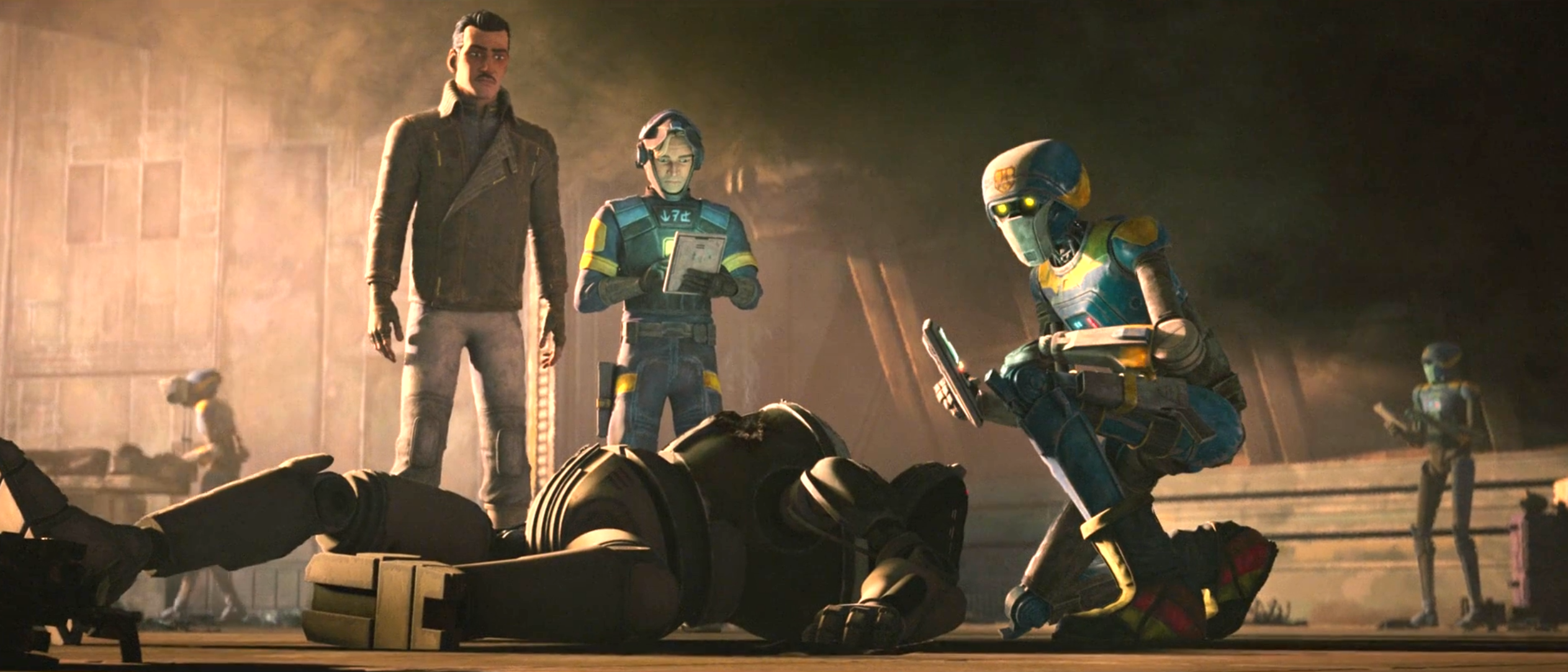 Brander Lawson police detective and droid investigating a cyberpunk alleyway in Star Wars