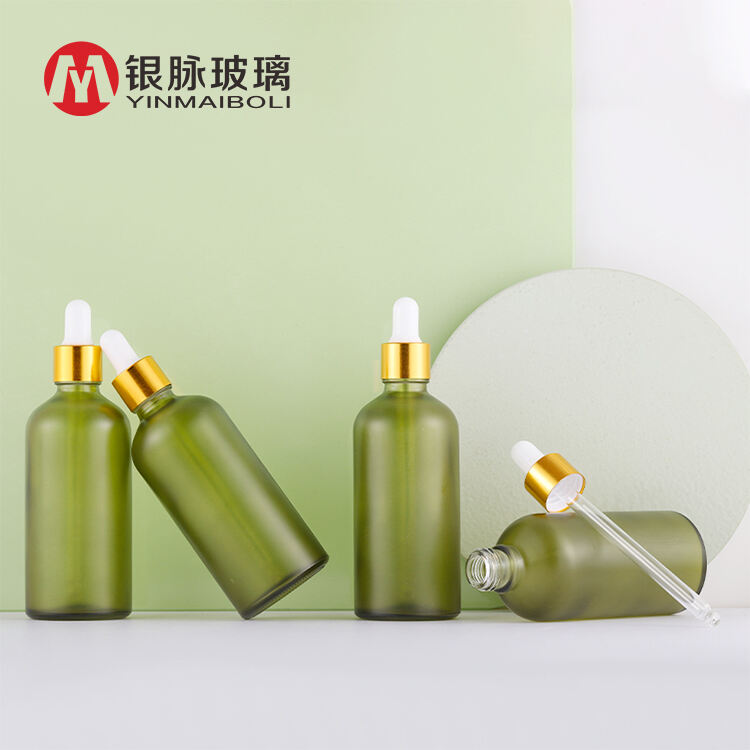 100Ml Green Glass Essential Oil Bottles Cosmetic Hair Oil Bottles With Dropper Caps