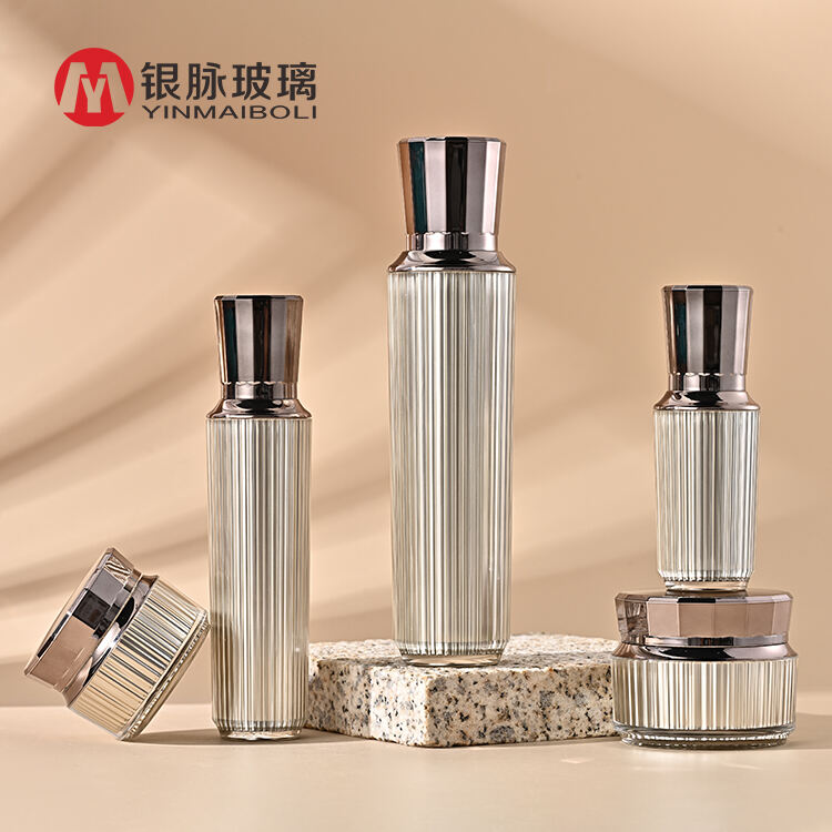 wholesale 30g 50g 30ml 50ml 100ml Striped polygon cosmetic glass bottle sets glass jar for skincare face cream lotion bottle