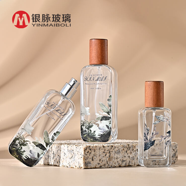 Custom Square Cube Perfume Bottle 30ml 50ml Clear Perfume Glass Bottles With Wooden caps