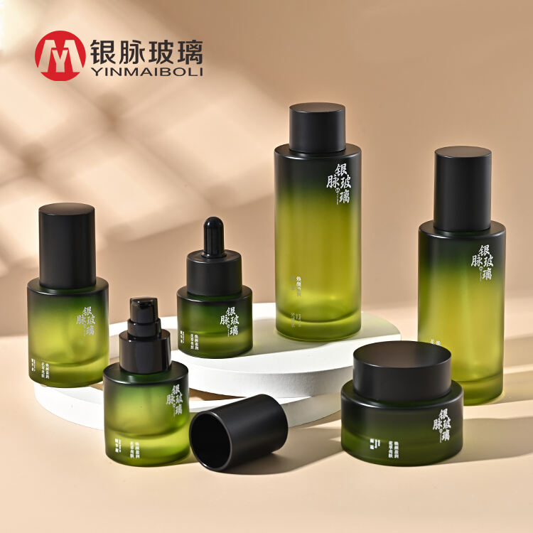 Custom gradient green luxury cosmetic cream jar frosted glass bottle with dropper For Skincare