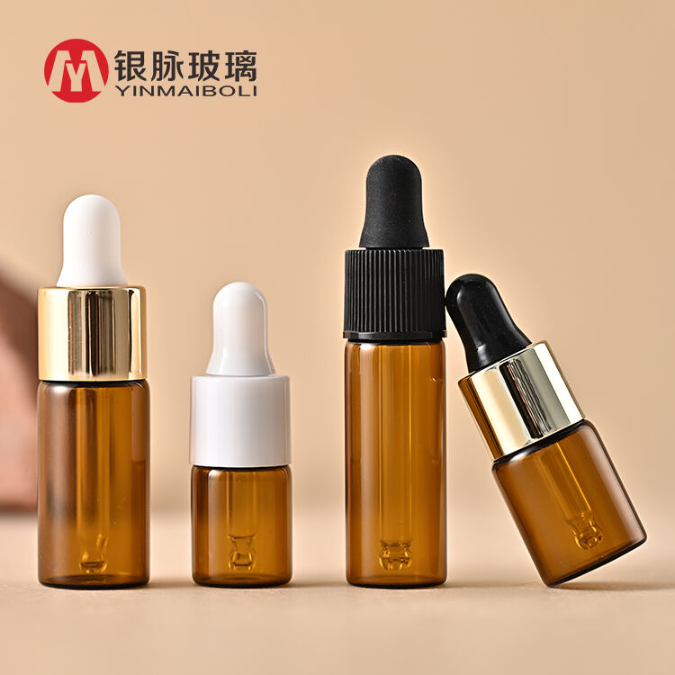 Glass amber essential oil dropper bottle cosmetic perfume oil small vial with black ring dropper lid