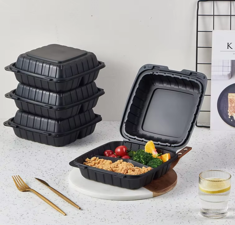 Catering Biodegradable Lunch Box Take Out 3 Compartment Bento Plastic Food Box