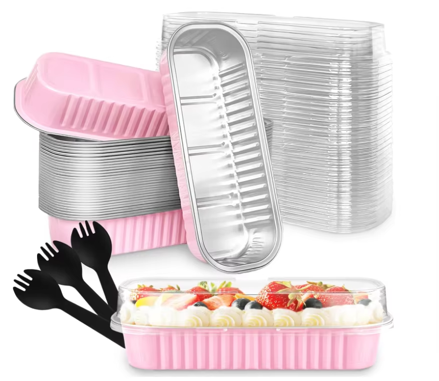 50-Pack Pink Individual Cake Tins 6.8 oz Disposable Aluminum Foil Baking Containers PP Lids Spoons Aluminum Containers Set