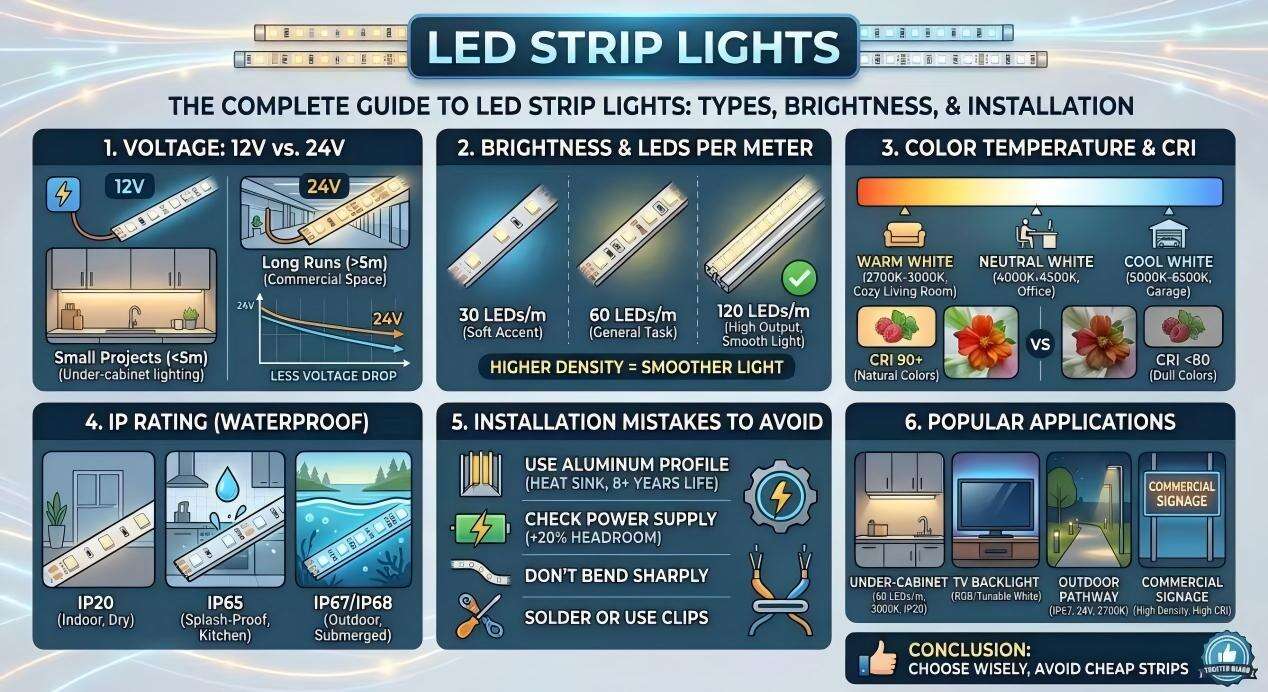 أضواء الشريط LED: الدليل الكامل لأنواعها، وشدة إضاءتها، وطريقة تركيبها