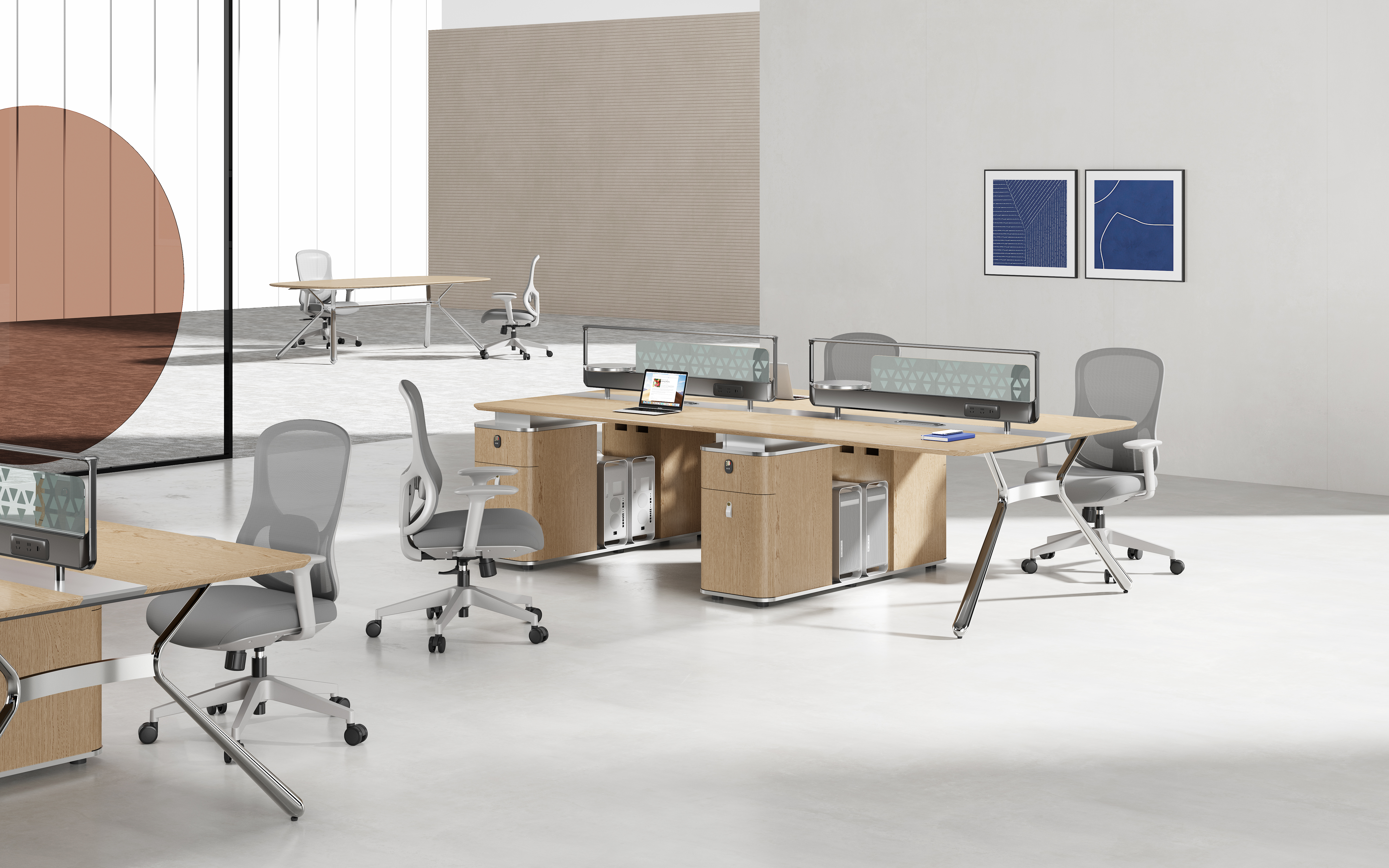 Minimalist and luxurious four person office workstation with screen partition and locked side cabinet, staff desk